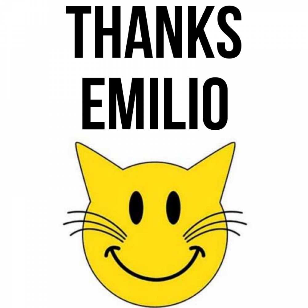 Greetings card с именем, Emilio Thanks улыбающийся смайл кот Greetings with text for free download 