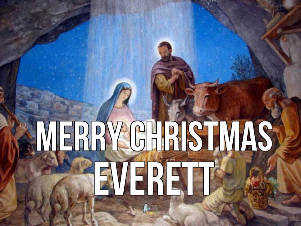 Greetings card с именем, Everett Merry Christmas Хлев с животными, Иисус, рождество Greetings with text for free download 