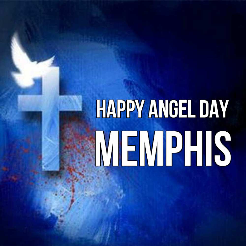 Greetings card с именем, Memphis happy angel day Синий фон и птица Greetings with text for free download 