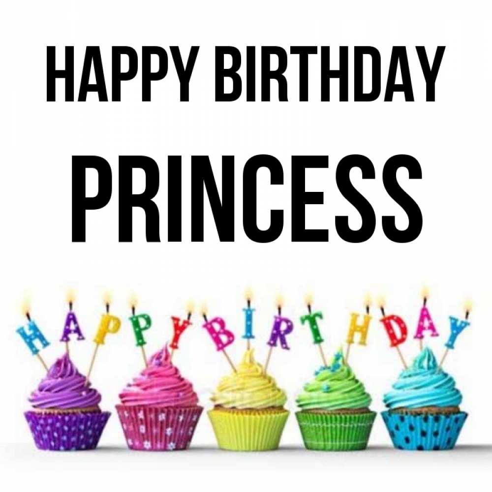Greetings card с именем, Princess Happy Birthday открытка ко дню рождения с разноцветными вкусняшками Greetings with text for free download 