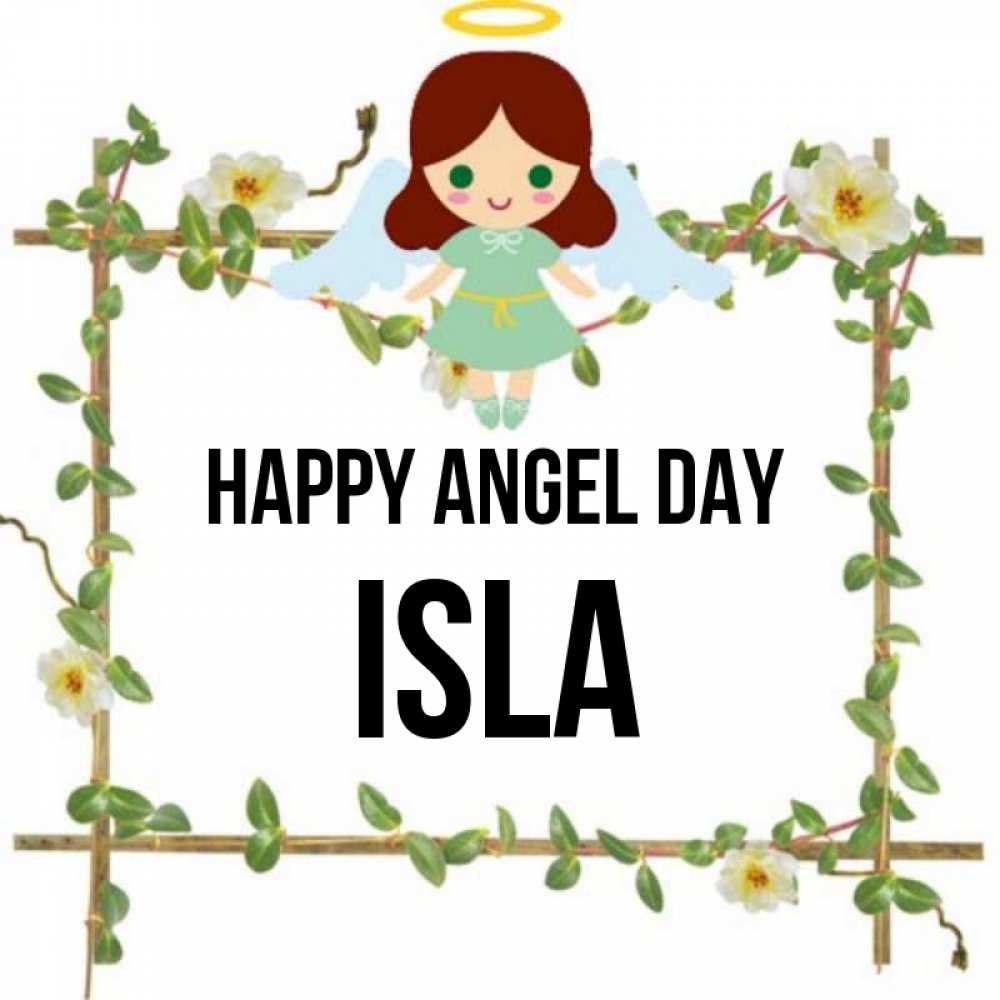 Greetings card с именем, Isla happy angel day Ангел с нимбом Greetings with text for free download 