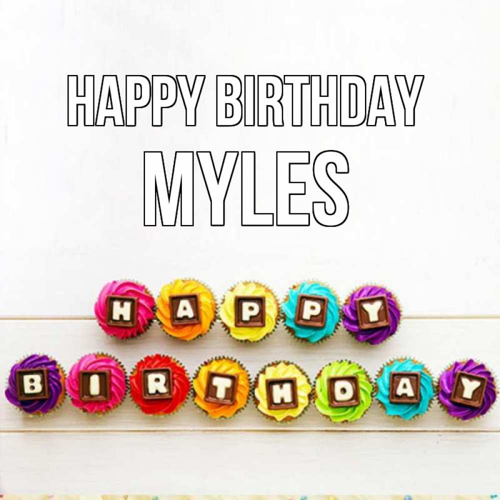 Greetings card с именем, Myles Happy Birthday из кексов и шоколада Greetings with text for free download 