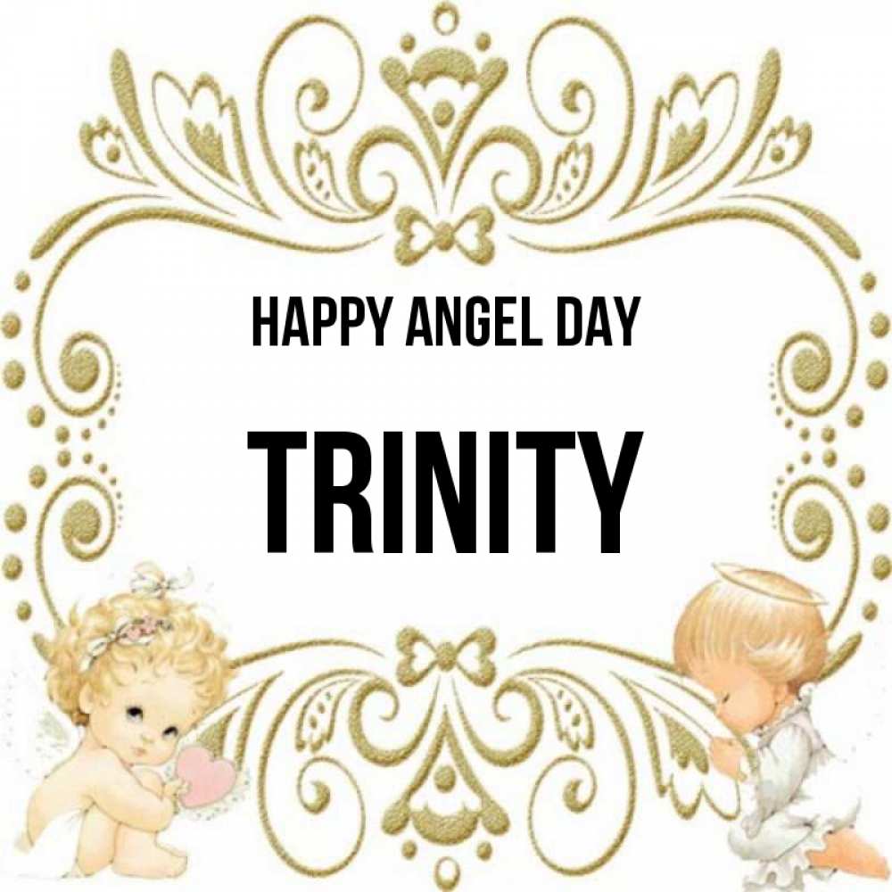 Greetings card с именем, Trinity happy angel day с именинами поздравляют два красивых ангела. Один с сердечком другой молится Greetings with text for free download 