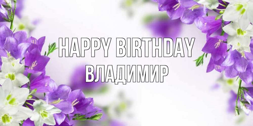 Greetings card с именем, Владимир Happy Birthday открытка на день рождения с сиреневыми цветами Greetings with text for free download 