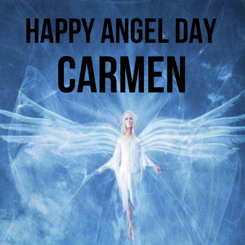 Greetings card с именем, Carmen happy angel day голубой фон и крылья как у стрекозы Greetings with text for free download 