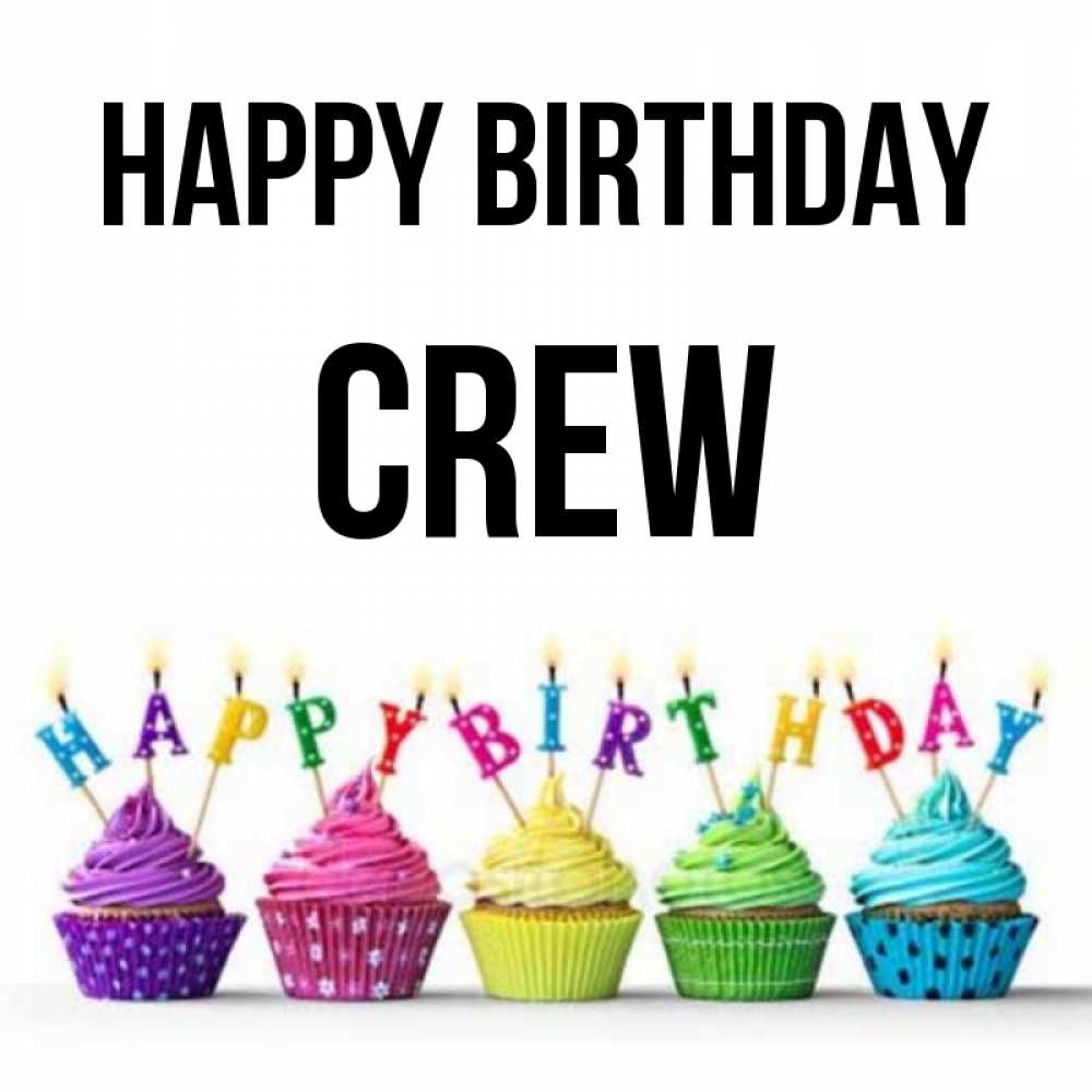 Greetings card с именем, Crew Happy Birthday открытка ко дню рождения с разноцветными вкусняшками Greetings with text for free download 