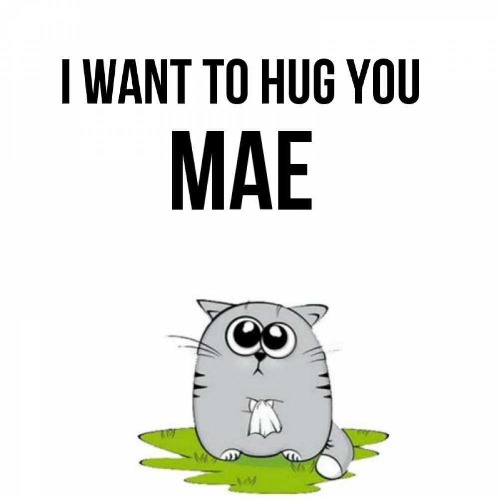 Greetings card с именем, Mae I want to hug you котик теребит платочек сидя на травке Greetings with text for free download 