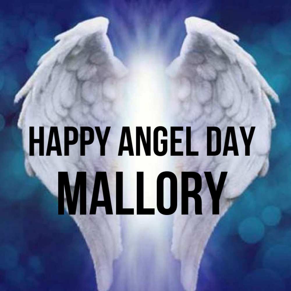 Greetings card с именем, Mallory happy angel day синий фон и крылышки Greetings with text for free download 