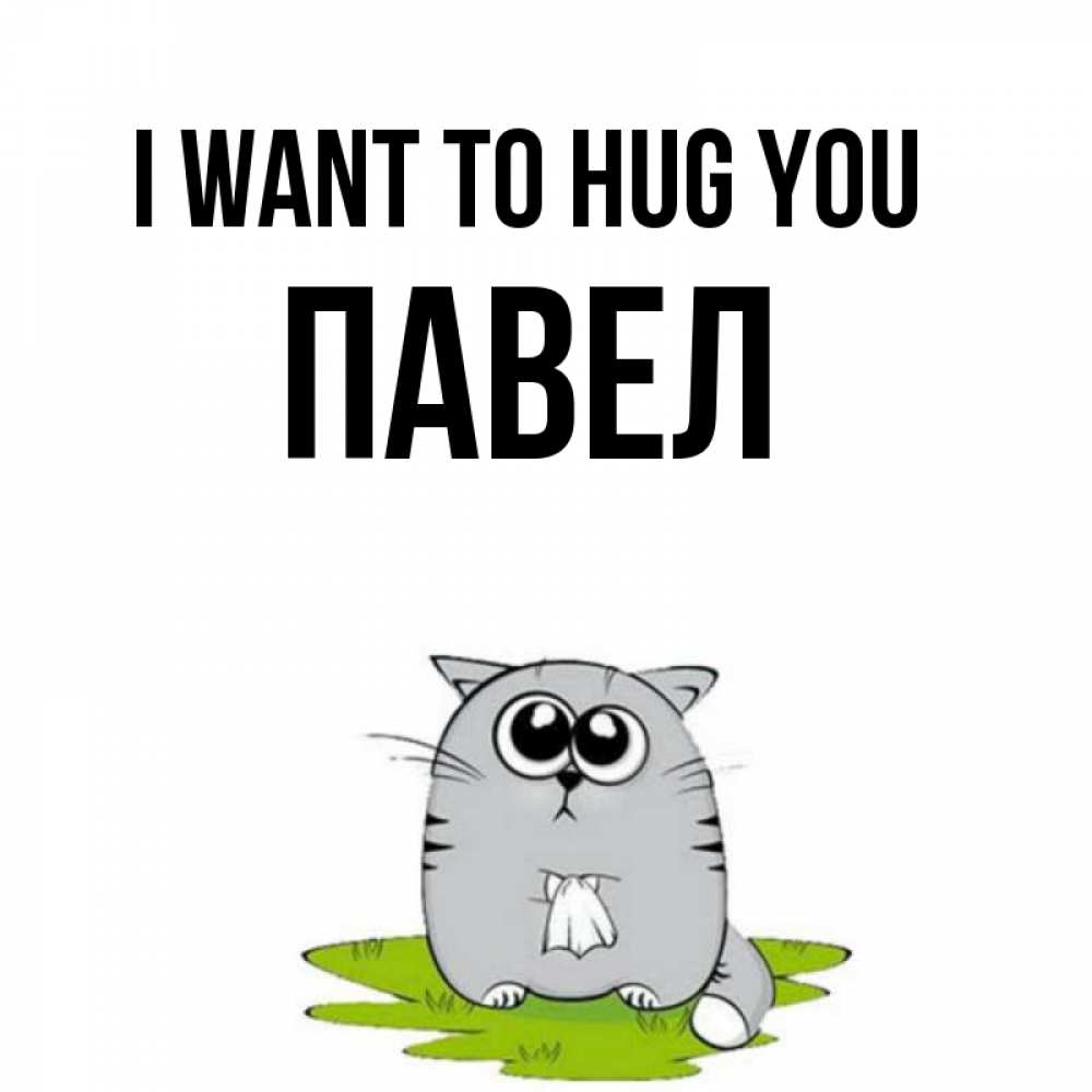 Greetings card с именем, Павел I want to hug you котик теребит платочек сидя на травке Greetings with text for free download 