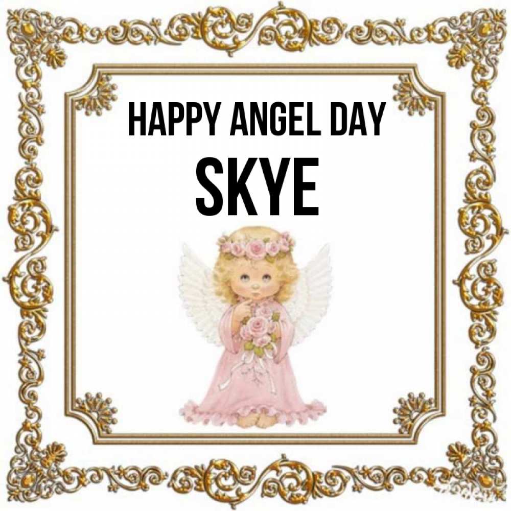 Greetings card с именем, Skye happy angel day девочка ангел с крыльями и цветами в розовом платье Greetings with text for free download 