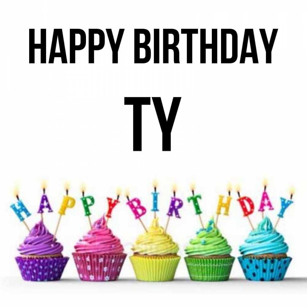 Greetings card с именем, Ty Happy Birthday открытка ко дню рождения с разноцветными вкусняшками Greetings with text for free download 