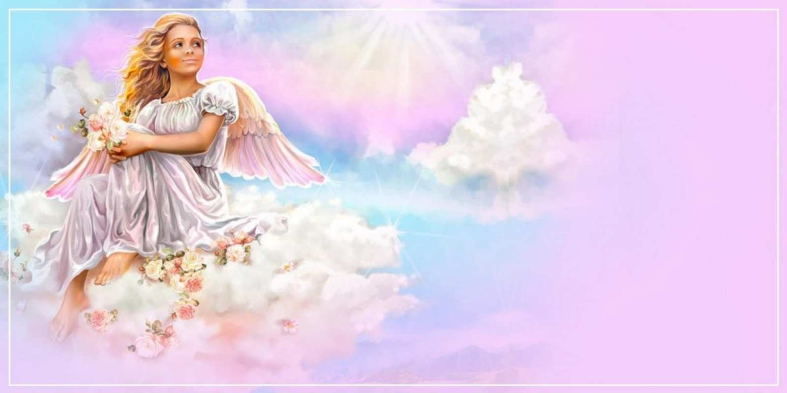 Открытка С днем Ангела ангел, девушка, небо в розовом, облака happy angel day 