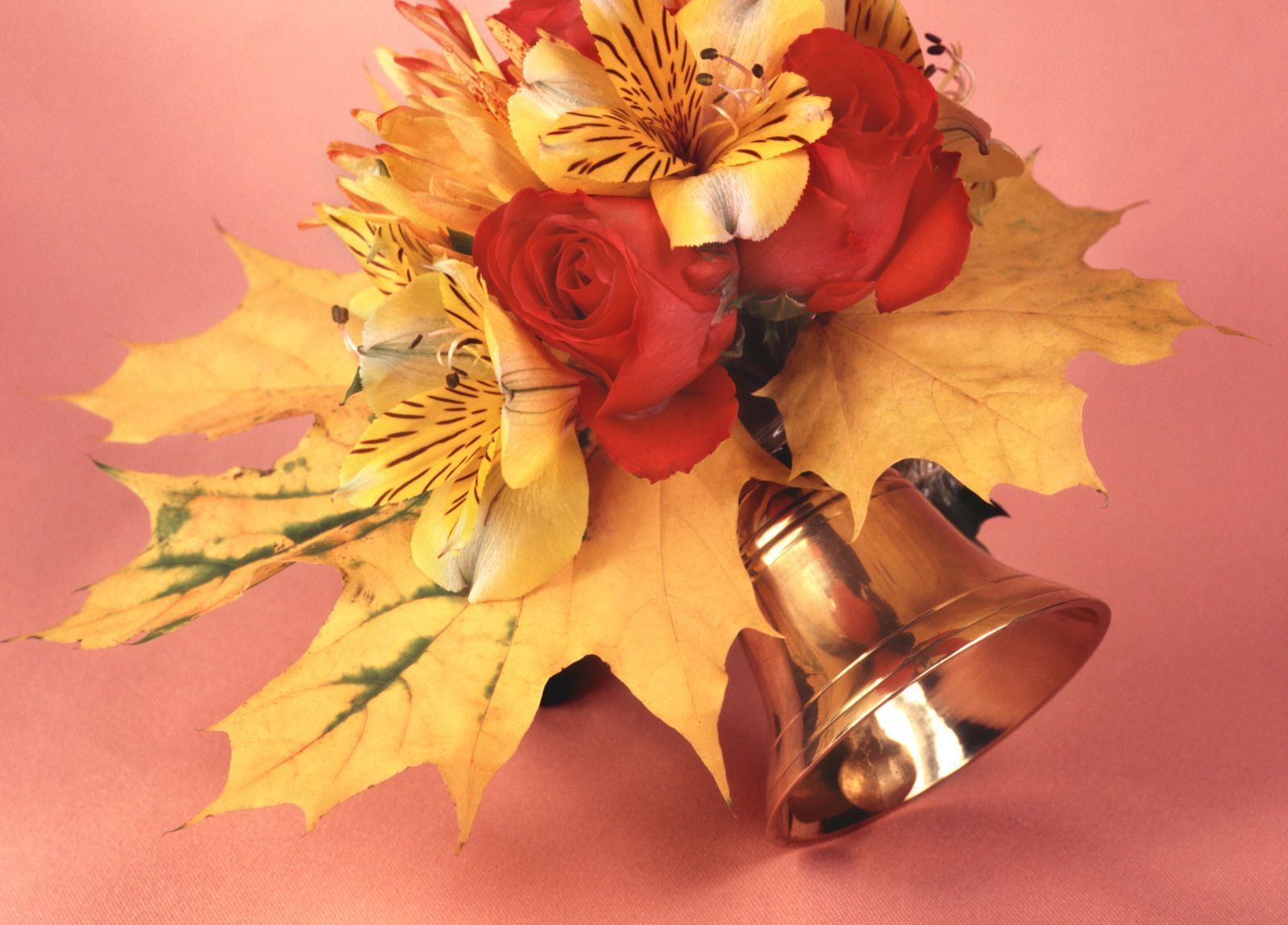 Открытка 1 сентября осенние листья  и колокольчик  колокольчик, желтые листья  From September 1 