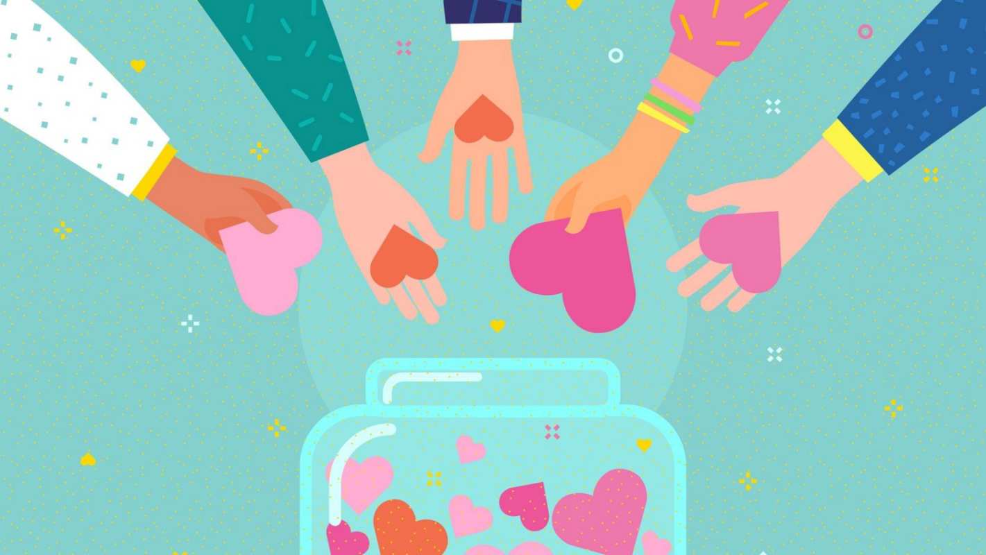 Открытка люди собирают сердца в банку  С днем волонтера  Happy Volunteer Day 