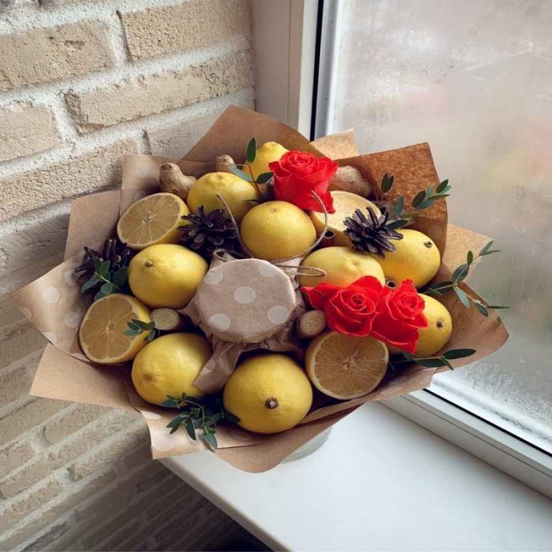 Открытка лимоны и розы  букет в бумаге  Get well soon 