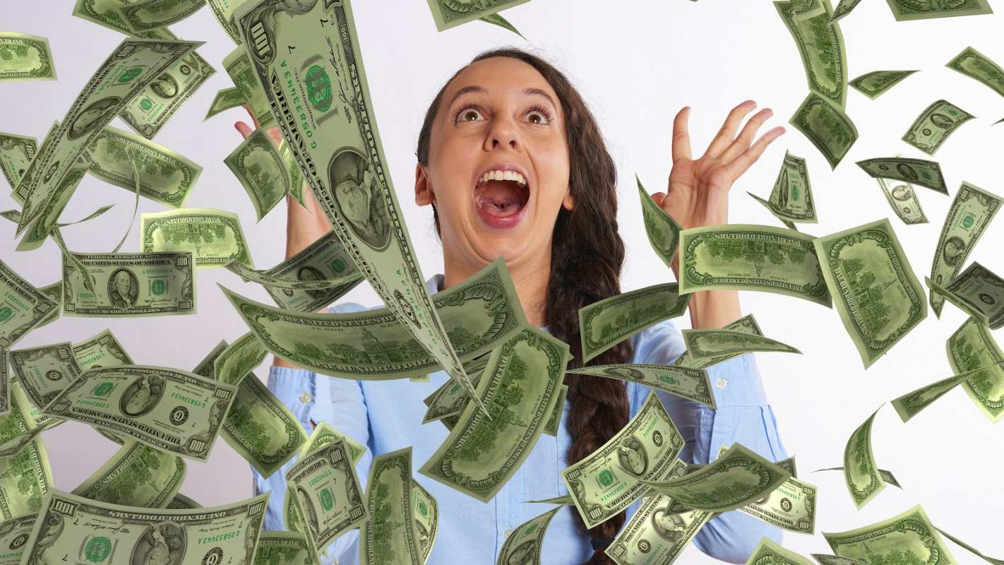 Открытка счастливый бухгалтер и летящие доллары  с днем бухгалтера  happy accountant day 