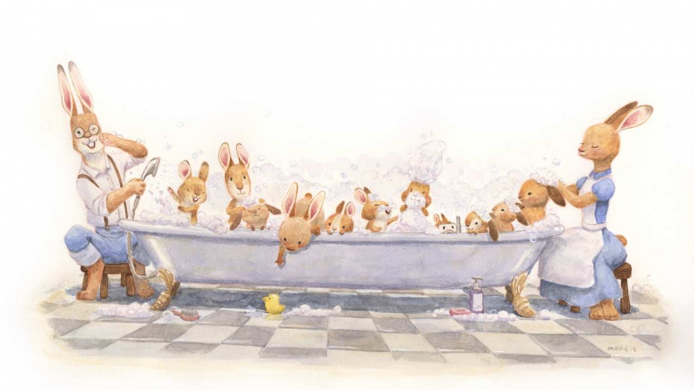 Открытка большая семья мама купает детей  с днем семьи   happy family day 