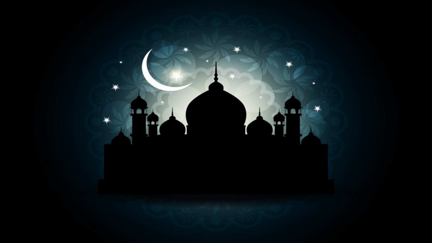 Открытка мечеть и месяц со звездным небом  мечеть  With kurban ait 