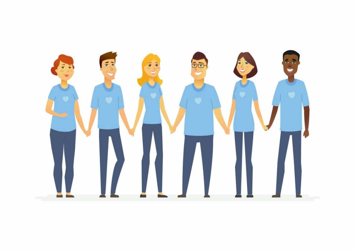 Открытка волонтеры всего мира в синих футболках  С днем волонтера  Happy Volunteer Day 