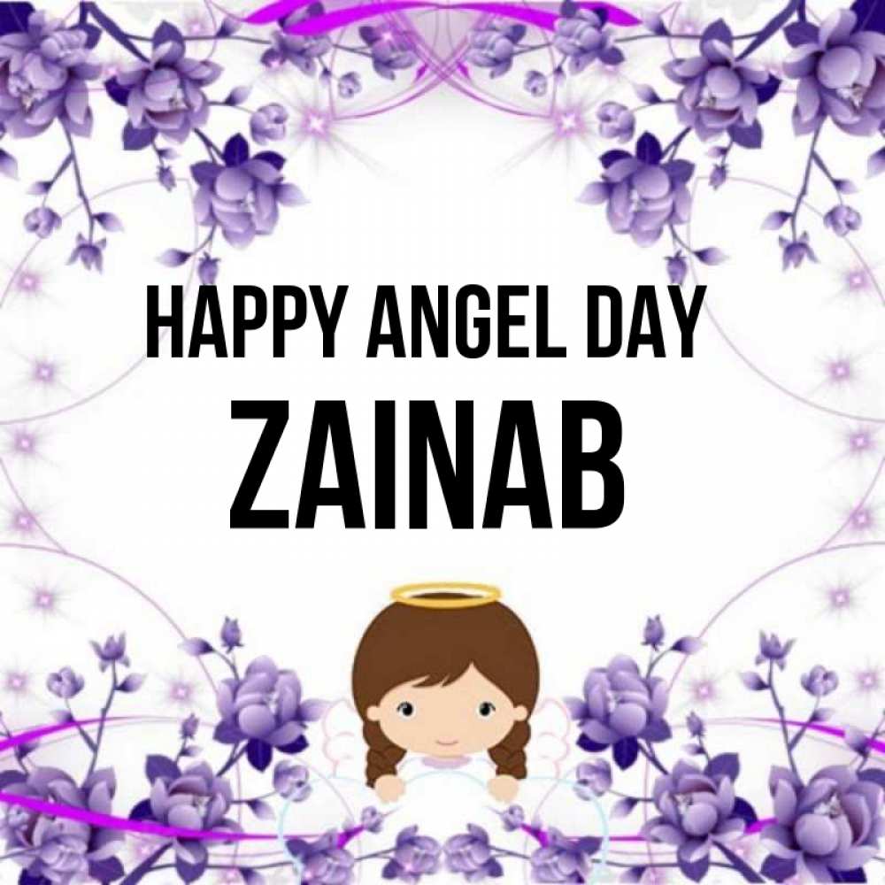 Greetings card с именем, Zainab happy angel day с именинами в рамочке Greetings with text for free download 