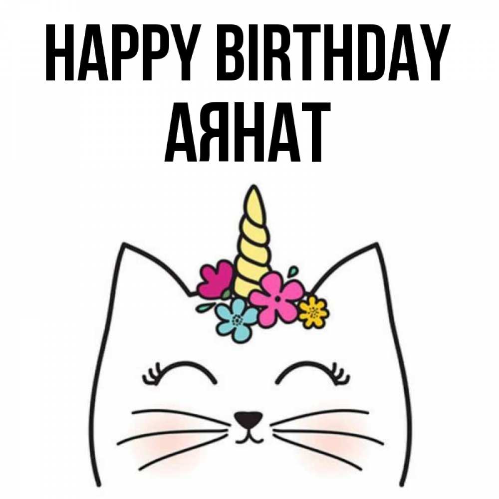 Greetings card с именем, АЯНАТ Happy Birthday милый кот с одним рожком Greetings with text for free download 