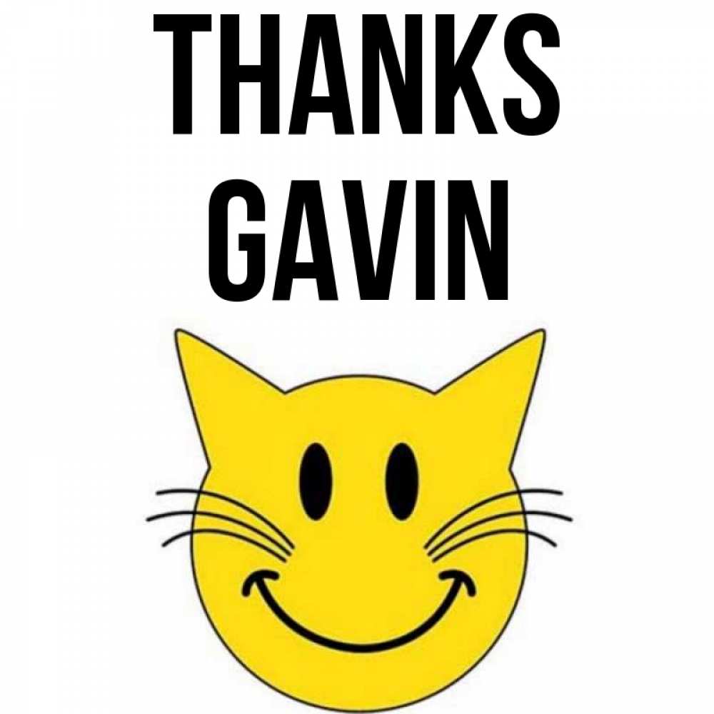 Greetings card с именем, Gavin Thanks улыбающийся смайл кот Greetings with text for free download 