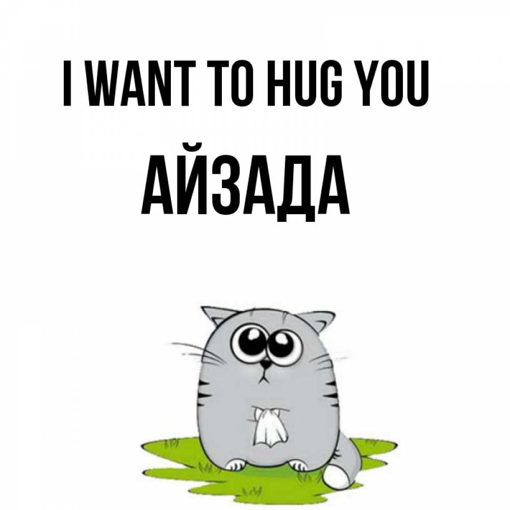 Greetings card с именем, АЙЗАДА I want to hug you котик теребит платочек сидя на травке Greetings with text for free download 