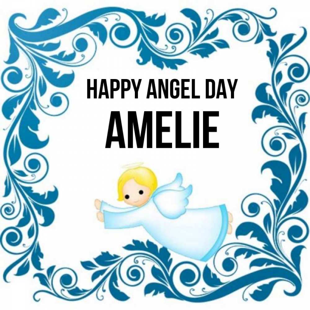 Greetings card с именем, Amelie happy angel day девочка ангел и синяя рамка Greetings with text for free download 