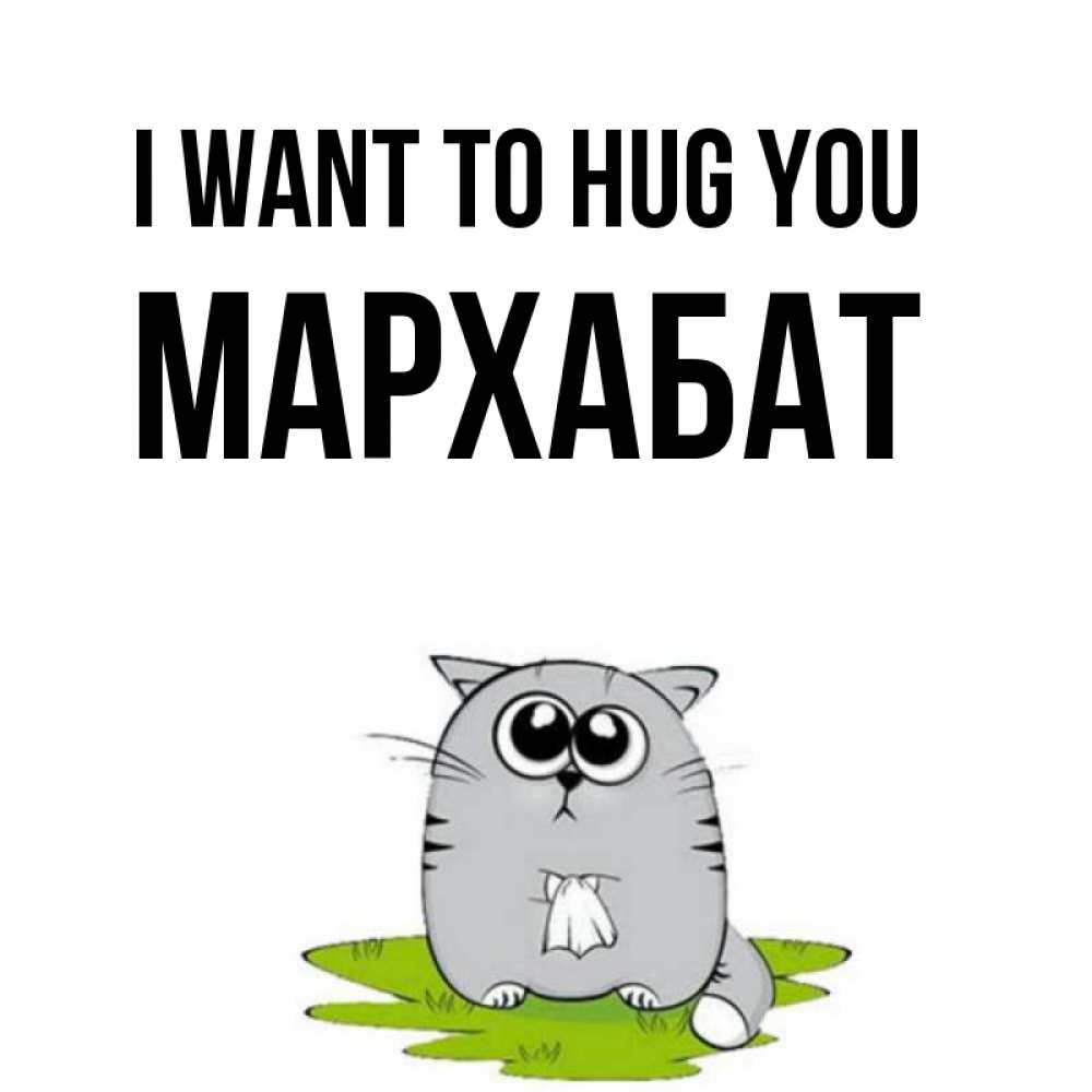Greetings card с именем, МАРХАБАТ I want to hug you котик теребит платочек сидя на травке Greetings with text for free download 