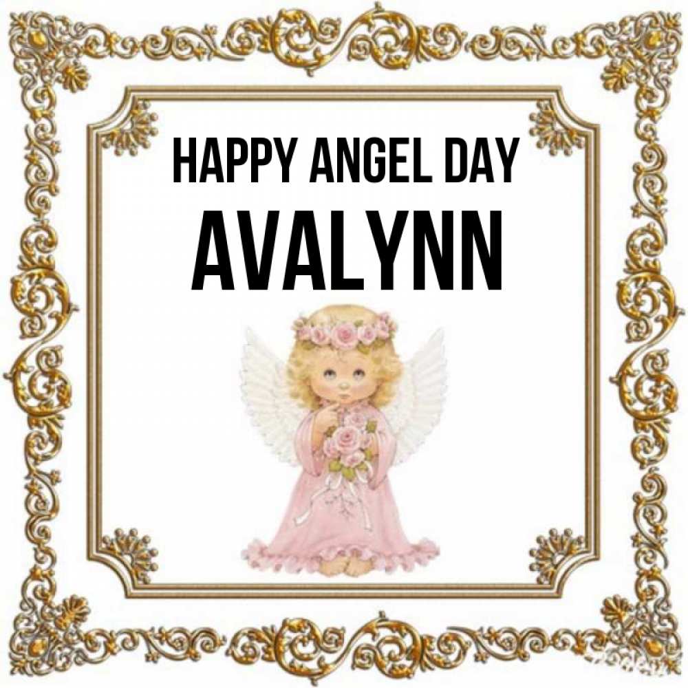 Greetings card с именем, Avalynn happy angel day девочка ангел с крыльями и цветами в розовом платье Greetings with text for free download 
