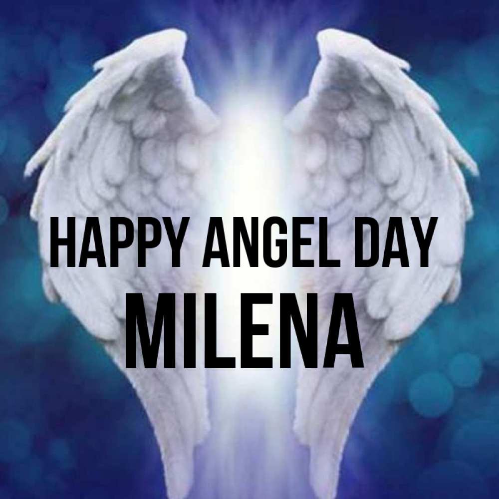 Greetings card с именем, Milena happy angel day синий фон и крылышки Greetings with text for free download 