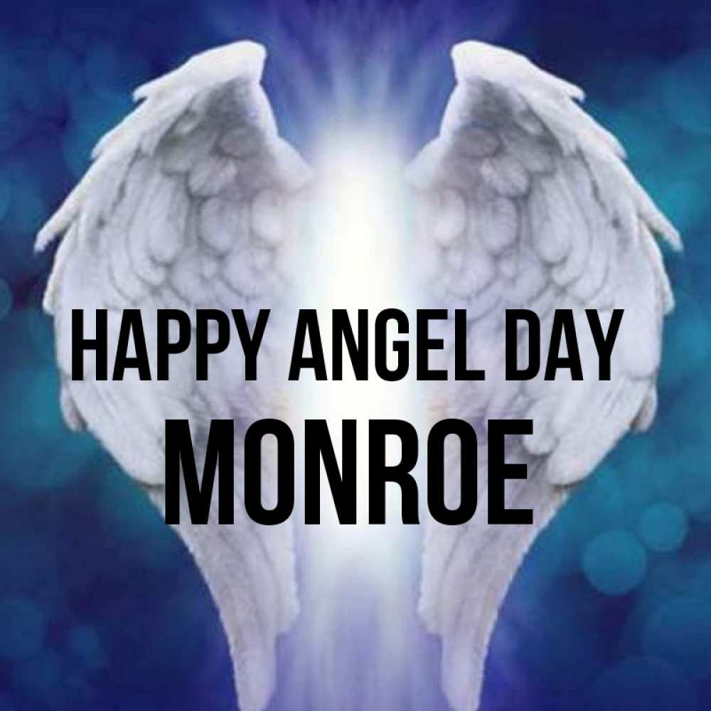 Greetings card с именем, Monroe happy angel day синий фон и крылышки Greetings with text for free download 