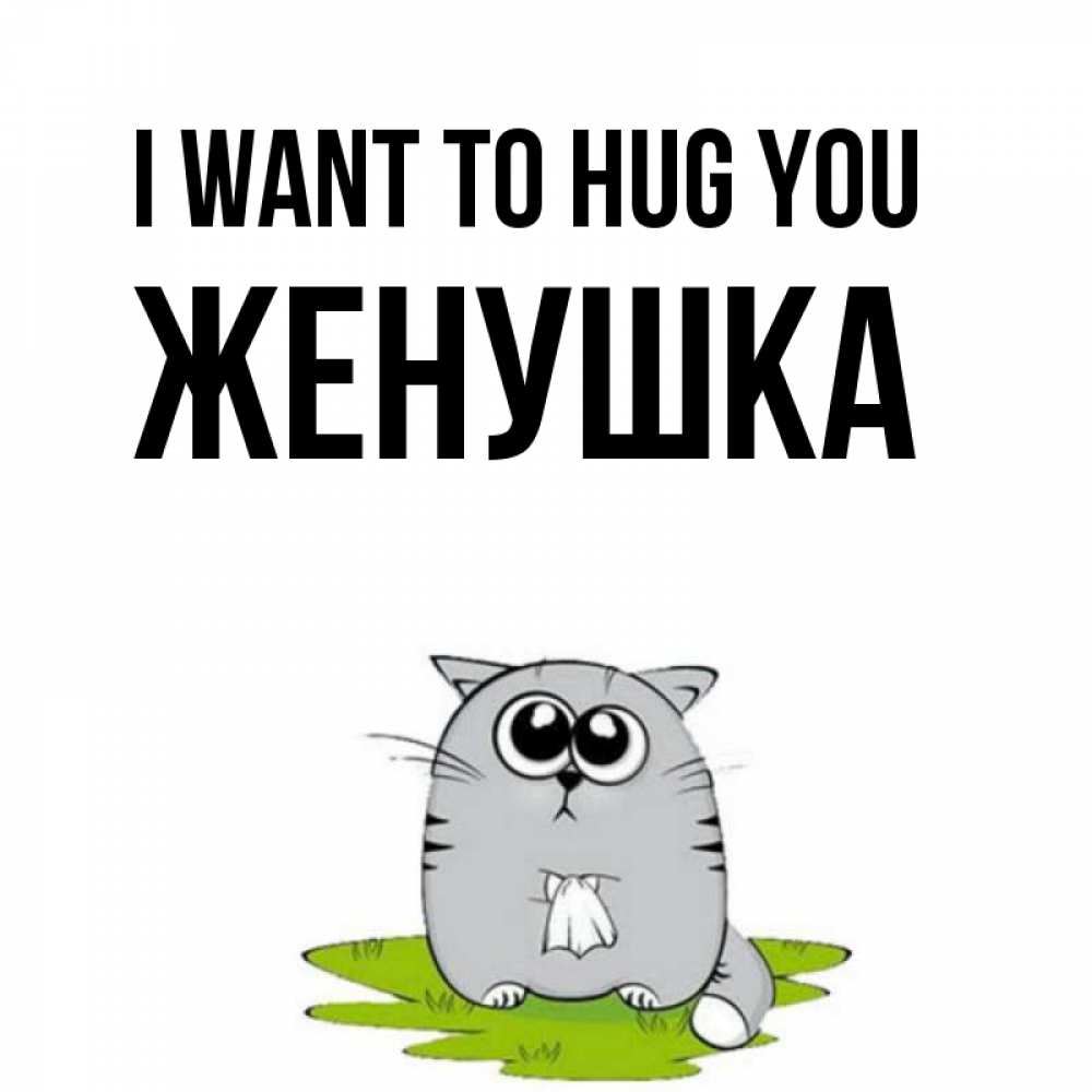 Greetings card с именем, Женушка I want to hug you котик теребит платочек сидя на травке Greetings with text for free download 