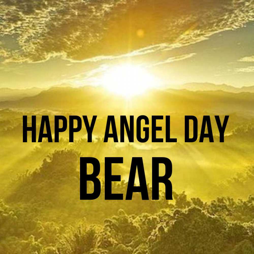 Greetings card с именем, Bear happy angel day леса и небо в желтом Greetings with text for free download 