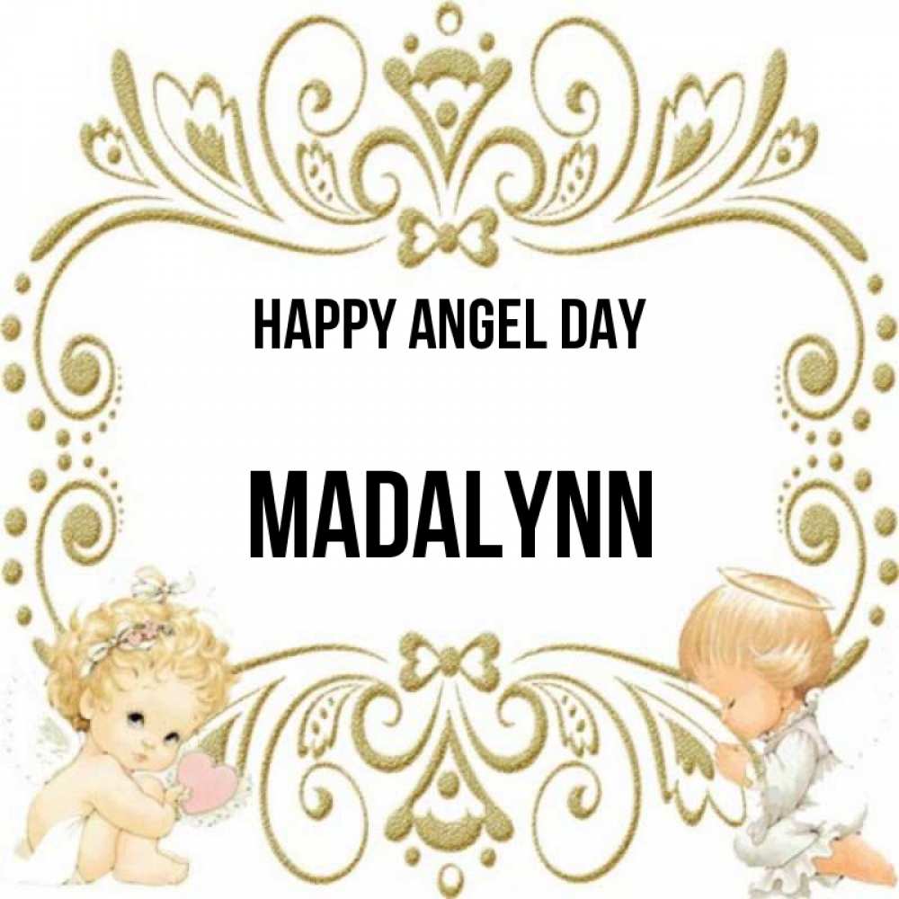 Greetings card с именем, Madalynn happy angel day с именинами поздравляют два красивых ангела. Один с сердечком другой молится Greetings with text for free download 