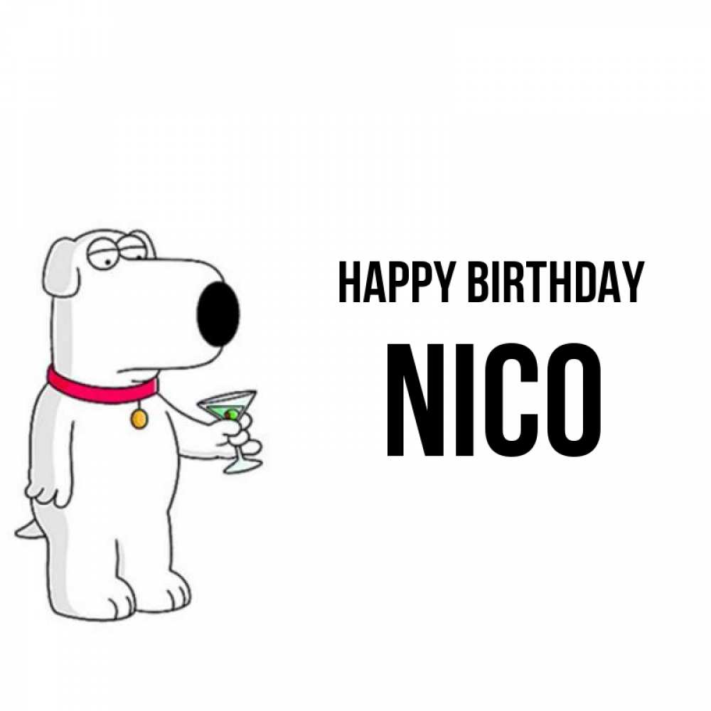 Greetings card с именем, Nico Happy Birthday песик с оливками Greetings with text for free download 