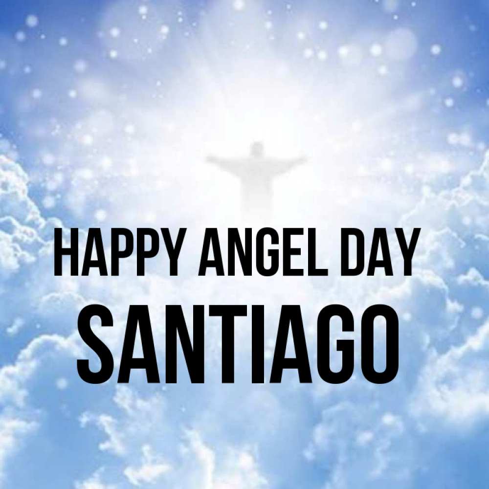 Greetings card с именем, Santiago happy angel day ангел на облаках в свете солнца Greetings with text for free download 