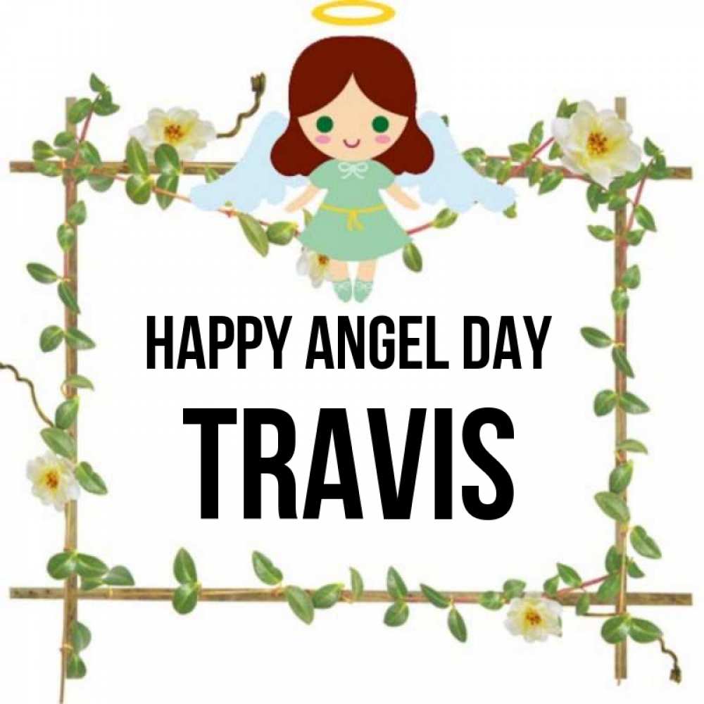 Greetings card с именем, Travis happy angel day Ангел с нимбом Greetings with text for free download 