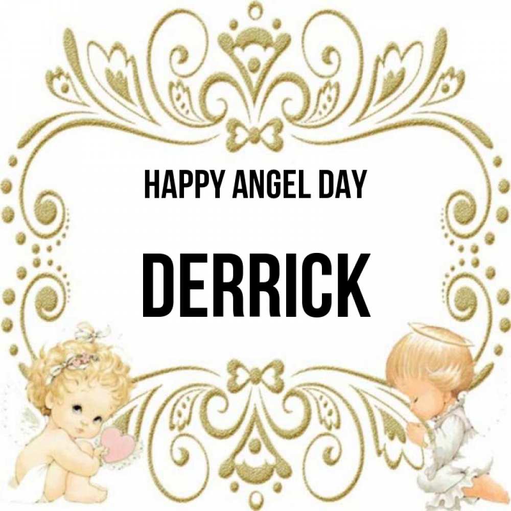 Greetings card с именем, Derrick happy angel day с именинами поздравляют два красивых ангела. Один с сердечком другой молится Greetings with text for free download 