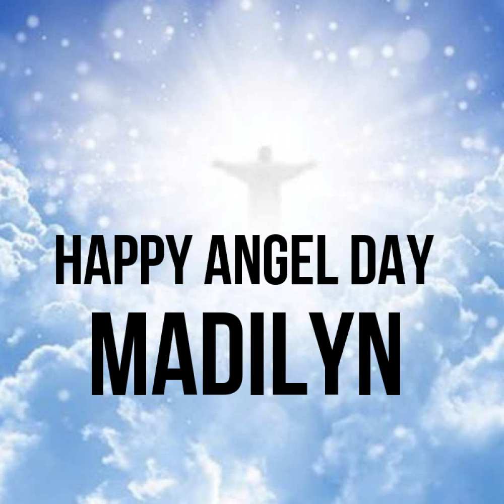 Greetings card с именем, Madilyn happy angel day ангел на облаках в свете солнца Greetings with text for free download 