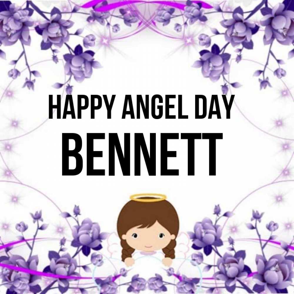 Greetings card с именем, Bennett happy angel day с именинами в рамочке Greetings with text for free download 