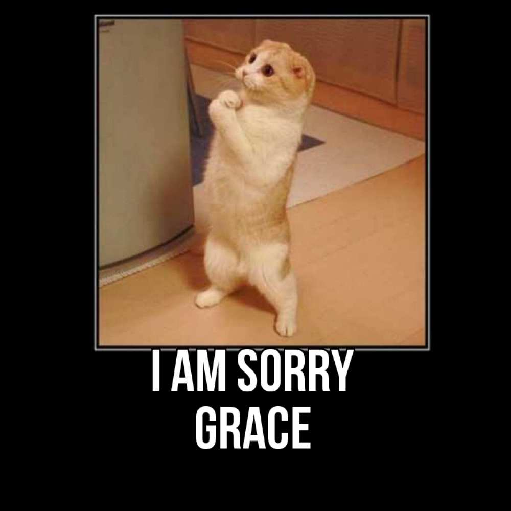 Greetings card с именем, Grace I am sorry открытка с милым несчастным котиком просящим прощения Greetings with text for free download 