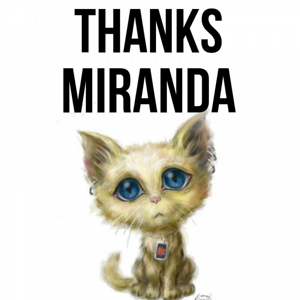 Greetings card с именем, Miranda Thanks рисованный кот благодарит вас Greetings with text for free download 