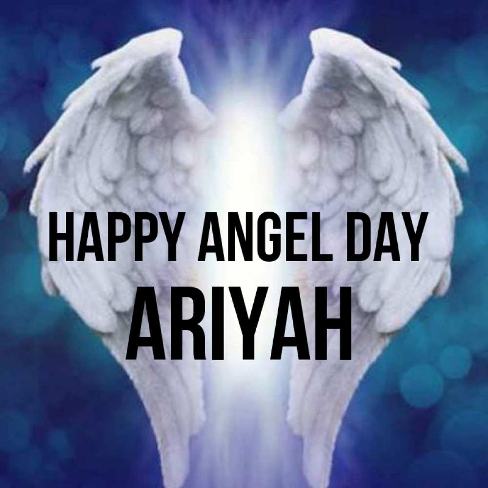 Greetings card с именем, Ariyah happy angel day синий фон и крылышки Greetings with text for free download 