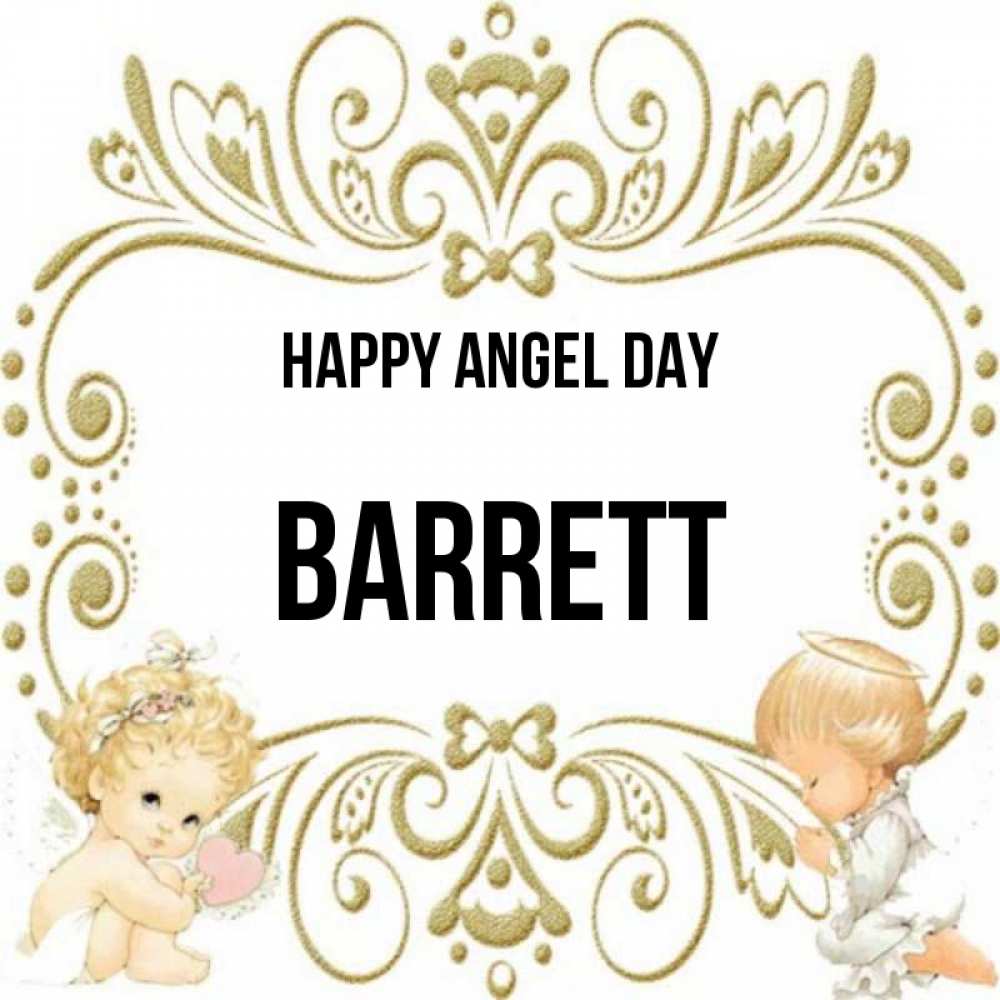 Greetings card с именем, Barrett happy angel day с именинами поздравляют два красивых ангела. Один с сердечком другой молится Greetings with text for free download 