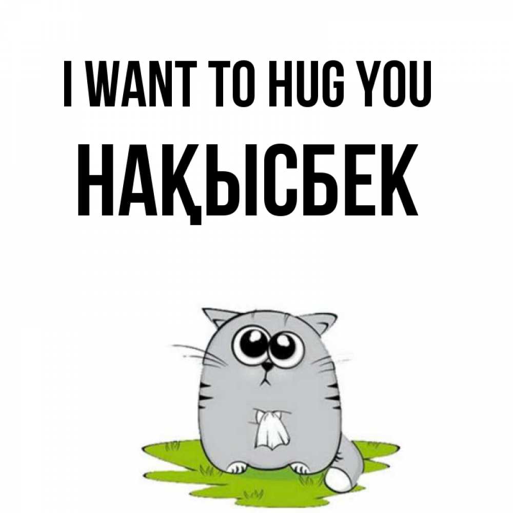 Greetings card с именем, НАҚЫСБЕК I want to hug you котик теребит платочек сидя на травке Greetings with text for free download 