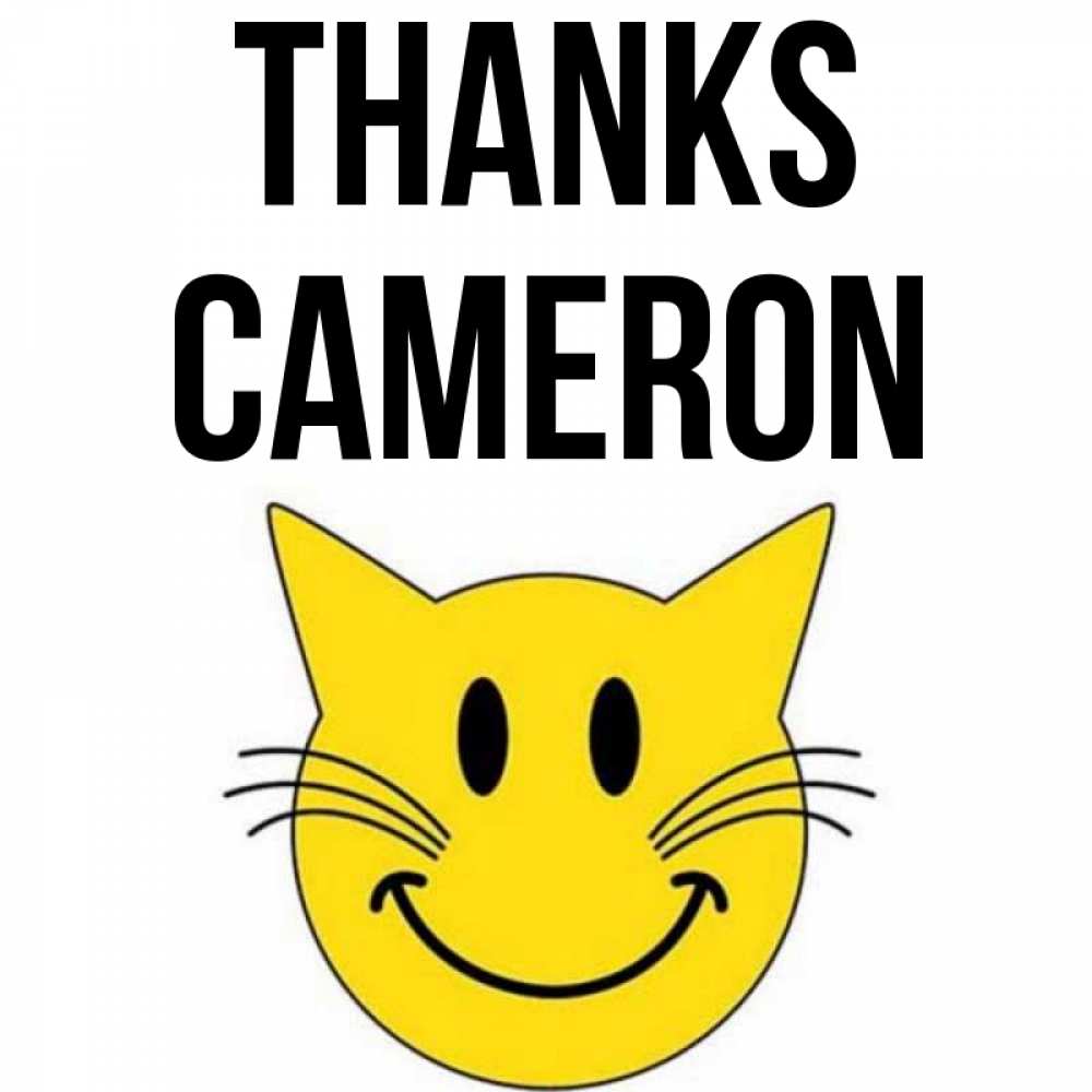 Greetings card с именем, Cameron Thanks улыбающийся смайл кот Greetings with text for free download 