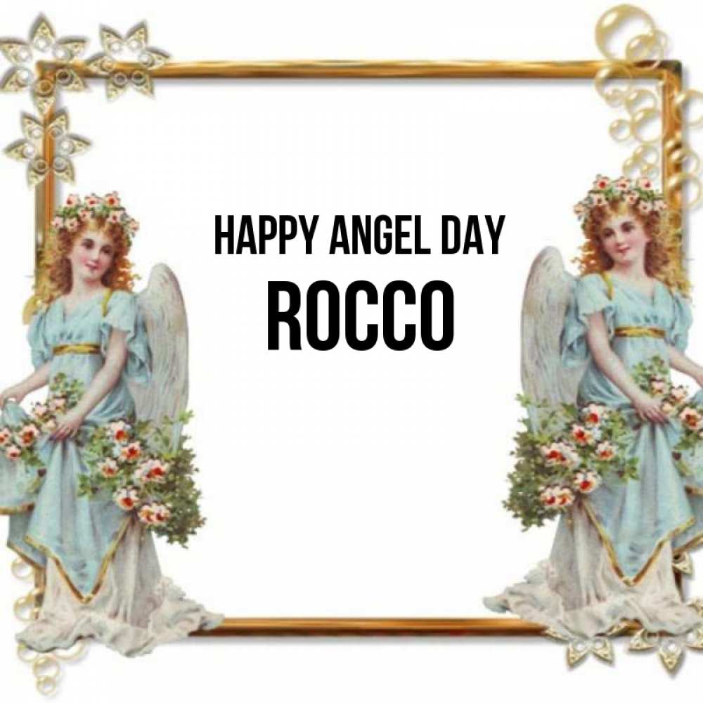 Greetings card с именем, Rocco happy angel day рамочка из золота и ангелы Greetings with text for free download 