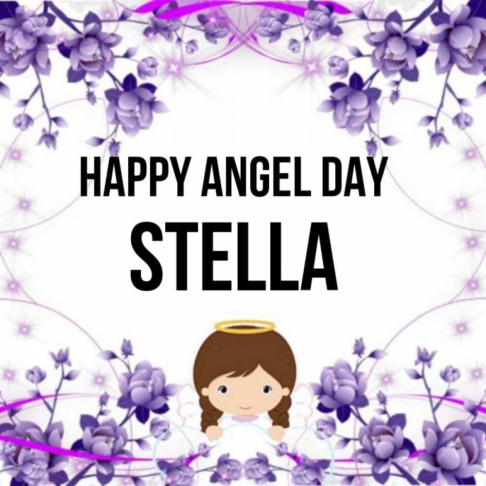 Greetings card с именем, Stella happy angel day с именинами в рамочке Greetings with text for free download 