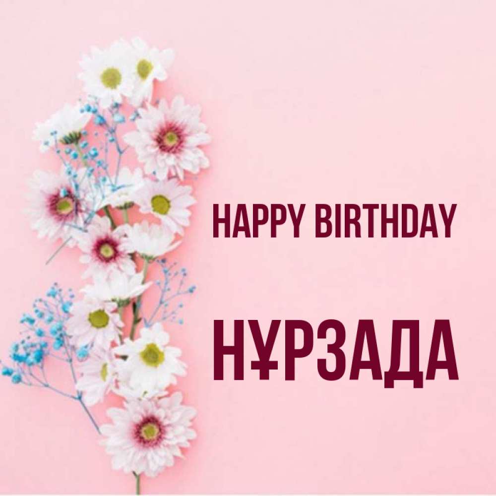 Greetings card с именем, НҰРЗАДА Happy Birthday Родная моя с днем рождения тебя картинка с цветами белыми и голубыми Greetings with text for free download 